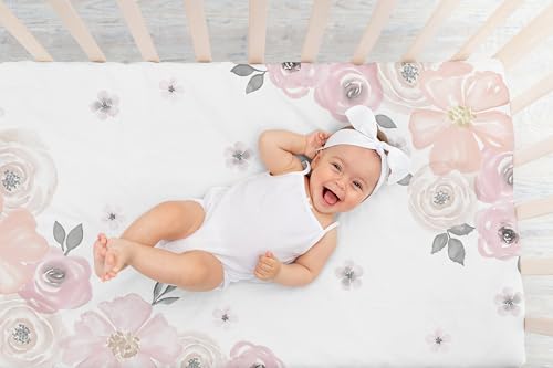 Image of Sweet Jojo Designs Fitted Baby Crib Sheets (Pink /Grey Boho Floral) for Girls, Infant Nursery, Toddler Room - Standard Size (Photo Op, Rose, Flower, Bohemian, Farmhouse, Wildflower, Nature, Elegant)