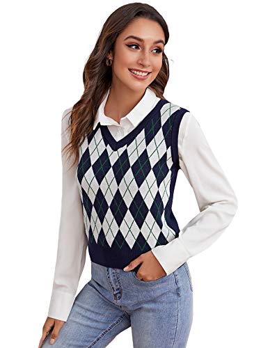 Floerns Women's Argyle Sweater Vest Knitted Casual V-Neck Pullover Vest Multi S