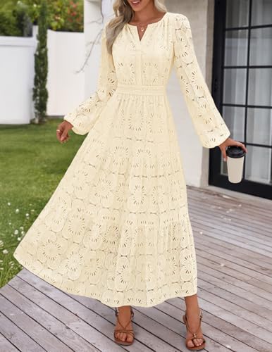 Image of MEROKEETY Women's Fall Long Sleeve Floral Maxi Dress Lace Eyelet Hollow Out Tiered Boho Wedding Guest Dresses Pockets