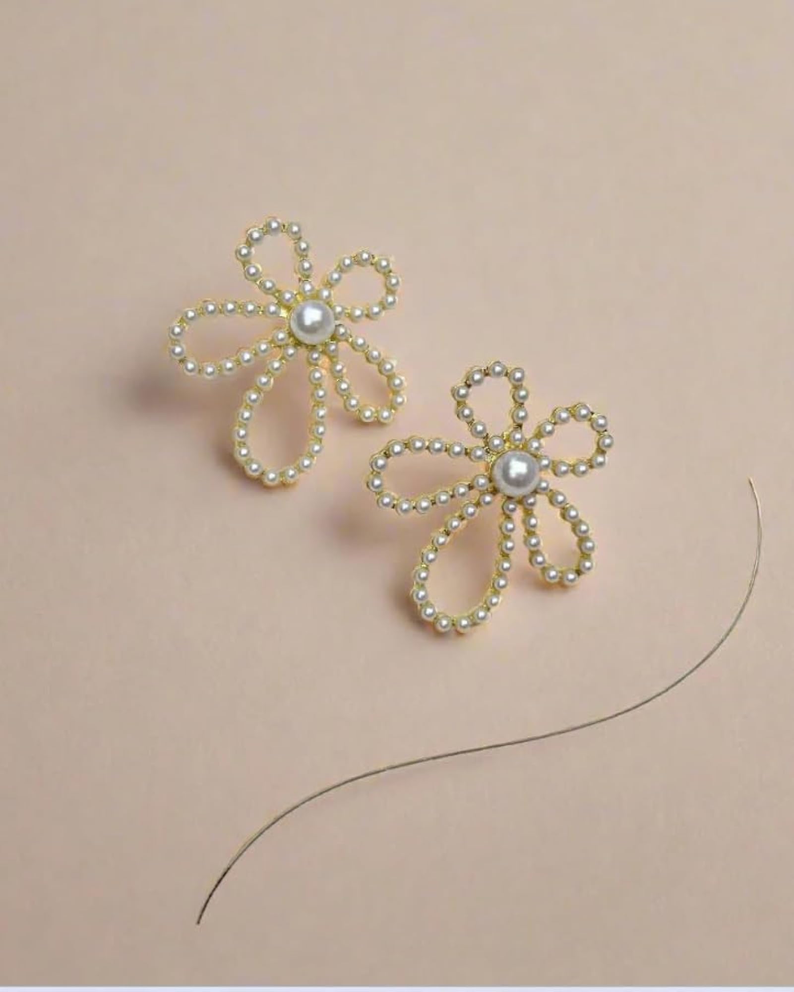 Women's Gold Plated Pearl Flower Stud Earrings