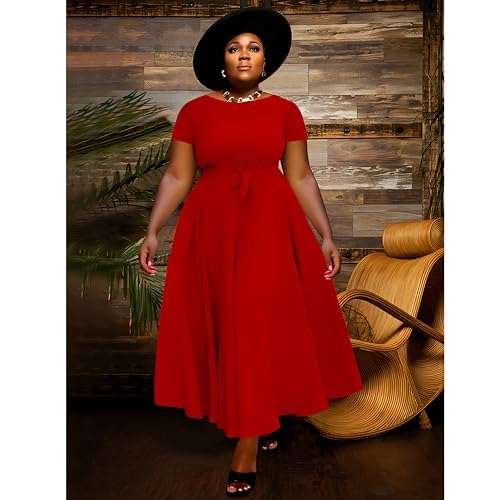 Image of BFFBABY Plus Size Dress A Line Dresses for Women Summer Long Dresses with Sleeve Casual Belted