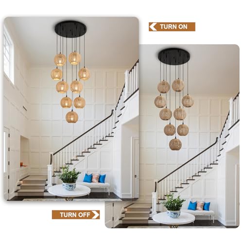Image of Round 9 Light Boho Pendant Light Rattan Hanging Lamp | Hand Woven Wicker Small Chandelier Hanging Lights Fixture for Bedroom Kitchen Hallway Foyer