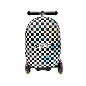Lascoota Scooter Suitcase, Foldable Scooter Luggage For Kids – Lightweight Kids Ride on Luggage Scooter with Wheels, LED Lights – Checkered Graphic Suitcase Scooter, Ride On Suitcase for Kids Ages 2-5