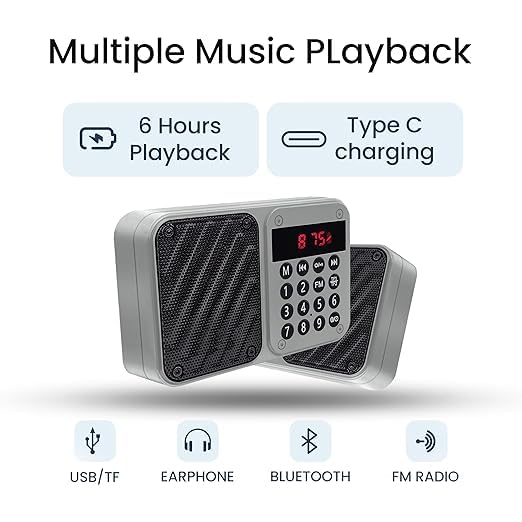 Image of M7 Pocket Blast FM Radio with Bluetooth Speaker with Powerful Sound, 6w-12 Hours (Tupe C Charging) and Number Pad (AUX, SD Card, USB Input (AUX, SD Card, USB Input) (M-7 Grey)