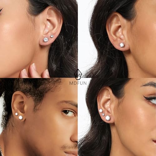 MDFUN 18K White/Yellow Gold Plated Stud Earrings for Women Men 4 Prong Graduated Round Clear Cubic Zirconia Hypoallergenic Earrings Set 3-8mm4