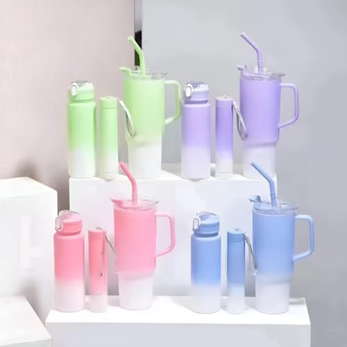 Image of Large Handle Water Bottle with Straw for Desk, Office, Travel - 1200 /900 /300 ML Gradient & Matte Hydration Bottle Set (Purple)