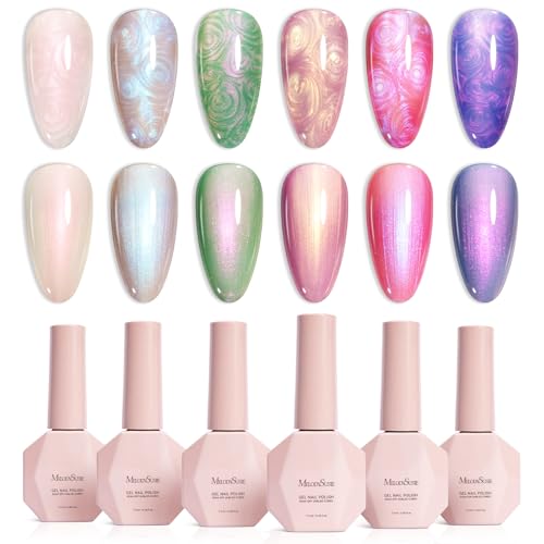 Image of MelodySusie Pearl Gel Nail Polish Set, 6 Colors Aurora Shimmer White Green Pink Purple Blue Iridescent Mermaid Drawing Glitter Gel Polish Soak Off Swirl Shell Thread Effect Nail Art Gifts for Women