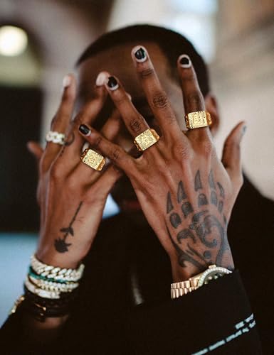 Lolias 3Pcs Gold Rings For Men 18K Gold Plated Mens Gold Nugget Ring Square Kanji Ring Rich/Luck/Wealth Adjustable Pinky Ring Mens Hip Hop Jewelry thumb #4