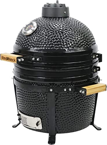 RedNeck Keramik Tischgrill (15"), professioneller Grill (34 cm Grillfläche), Bambus Griff, Gussgestell, Thermometer, Spezial Dichtungen (bis zu 400°C), schwarz – Bild 5