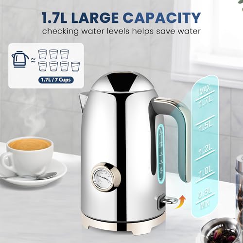 Image of SUSTEAS Electric Kettle - 57oz Hot Tea Water Boiler with Thermometer, 1500W Fast Heating Stainless Steel Pot, Cordless LED Indicator, Auto Shut-Off & Boil Dry Protection, Silver