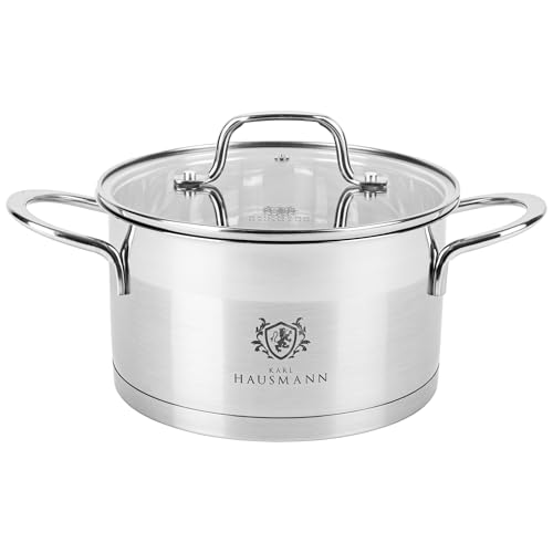 KARL HAUSMANN Pentola Acciaio Inox - 3.6L - 20 cm - Casseruola Induzione con Coperchio Vetro - Pentola Inox 18/10 - Scala Misura - Per Tutti i Fuochi - Pentole Acciaio Inossidabile