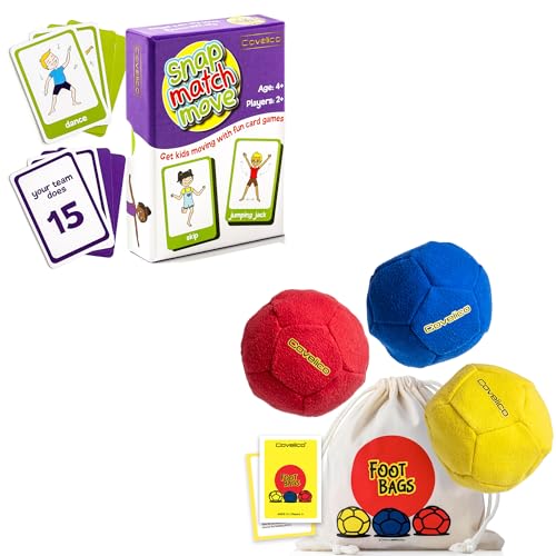 Covelico Kids Exercise Cards to Play Games & Set of 3 Vibrant Footbags for Workout Equipment. Outdoor Games for Kids and Indoor Recess Classroom Games