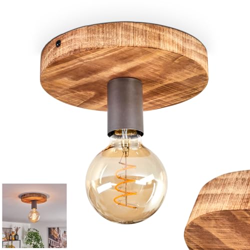 HOFSTEIN Deckenleuchte Amnicon, Deckenlampe aus Holz/Metall in Naturfarben/Schwarz, moderne Leuchte im offenen Retro/Vintage-Design (Ø 20 cm), 1 x E27, Esszimmer, Schlafzimmer, Wohnzimmer, Küche