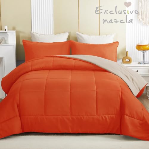 Image of Exclusivo Mezcla Lightweight Summer Reversible King Size Comforter Set, Down Alternative Comforter with 2 Pillow Sham, King Size Bedding Set for All Seasons, Burnt Orange /Brich Beige