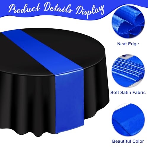 Image of 12Pack 12x108 Inch Satin Table Runner and 84 Inch Round Plastic Tablecloths Set Black and Blue Disposable Round Table Cover for Graduation Wedding Bridal Shower Anniversary Birthday Party Decorations