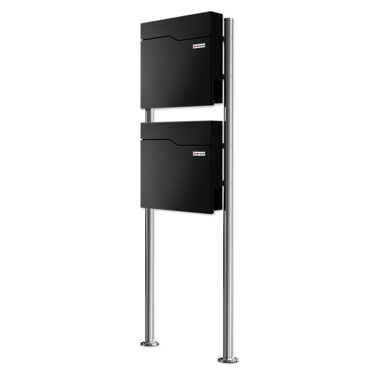 Metzler boîte aux Lettres sur Pied pour 2 foyers en RAL 9005 Noir Profond – Boîte Double autoportante avec Compartiment à journaux, Pieds en INOX et Plaque Nominative Interchangeable