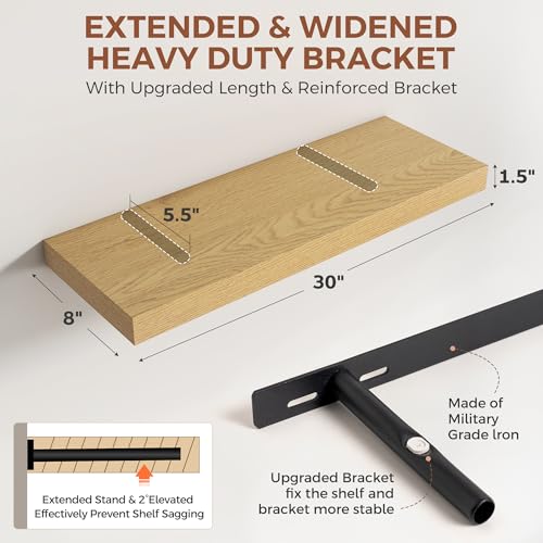 Image of Dreamland 30 Inch Floating Shelves for Wall,8 Inch Deep Floating Shelves,30 inch W x 8 inch D Wall Shelves for Bedroom,Living Room, Kitchen,Bathroom,Oak Color,Set of 2