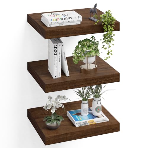 Image of 16 inch Wall Floating Shelves, Set of 3, Walnut Finish | 16 inchL x 12 inchD x 1.8 inchH, Set of 3, Solid Paulownia Wood, Walnut Finish, Hidden Brackets, Hardware Included