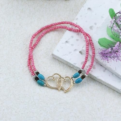 Image of Elastic Beaded Ankle Bracelets for Women Double Heart Layered Stretch Ankle Bracelets Waterproof Dainty Boho Beaded Anklets for Summer Beach Foot Jewelry