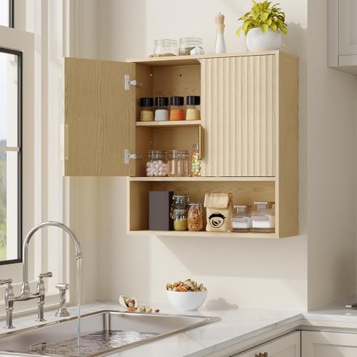 COZONY Fluted Bathroom Wall Cabinet, Over Toilet Medicine Cabinet with Adjustable Shelf, Floating Wall Mounted Storage Cabinet with Door & Open Shelf for Bathroom, Kitchen, Laundry Room by COZONY - Used condition - Image 4