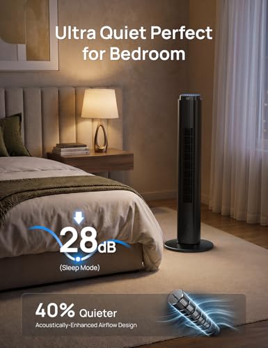 Image of ZAFRO Tower Fan for Bedroom, 37'' Bladeless Fans with 4 Modes 6 Speeds, 26 ft /s Velocity, 28dB Quiet for Sleep, LED Touchpad & 12H Timer, 90 Oscillating Floor Fans that Blow Air, Black