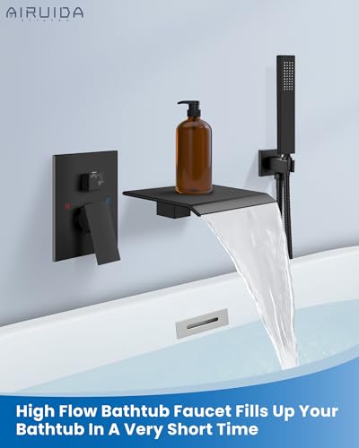 Airuida Grifo para Bañera con Caño Tipo Cascada y Ducha de Mano - Negro Mate | Caño Ángulo Biselado, Control de Una Manija, Válvula Incluida, Montaje en Pared miniatura 2