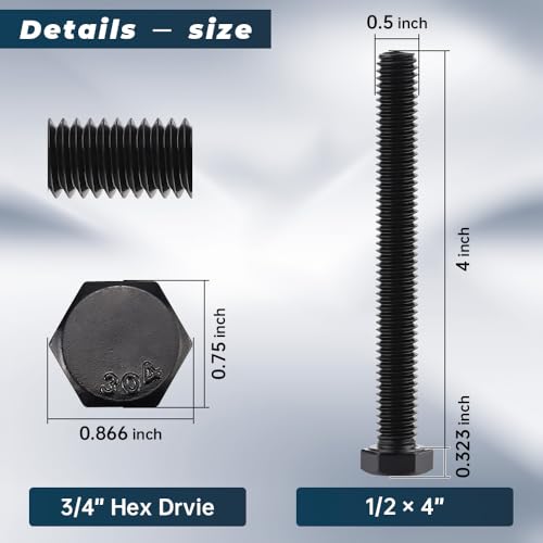 Image of Glvaner 1 /2-13 x 4 Stainless Steel Hex Head Screws Bolts, Black Coated, 304 Stainless Steel 18-8, Hexagon Head Bolts, Full Thread, 6 pcs