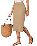 Naggoo Khaki Skirt for Women Summer Elastic High Waisted Slit Midi Skirt Khaki M