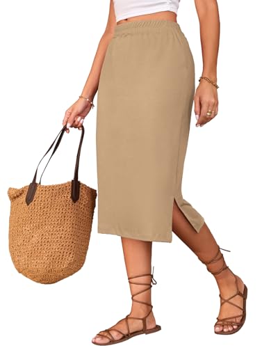 Naggoo Midi Skirts for Women Summer Elastic High Waisted Side Slit Long Skirt