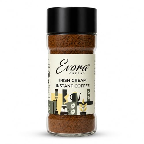 Image of Evora Greens Irish Cream Flavoured Instant Coffee | Arabica & Robusta Blend | Cafe Style Creamy Taste | Hot, Cold & Black Coffee | Makes ~50 Cups | 100g Glass Jar