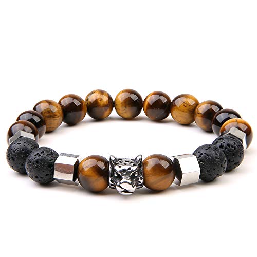 Handmade 10mm Round Natural Semi Precious Gemstone Yellow Tiger Eye and Lava with Leopard Head Beaded Stretch Bracelets, 7 inches