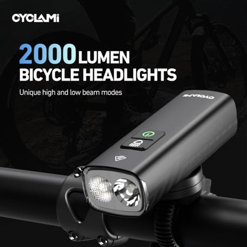 CYCLAMI Bike Light Set - 2000 Lumen USB Rechargeable Headlight & Safety Tailligh, 5+4 Modes, 200M Visibility, Tool-Free Mount - IPX6 Waterproof Aluminum Alloy for Mountain/Commute Biking