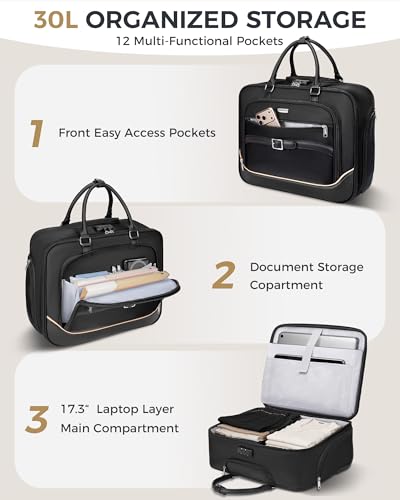 Image of Ytonet Rolling Laptop Bag, 17.3 In Rolling Briefcase for Men Women with Accordion File Pockets, Anti Theft Laptop Bag with Wheels, Professional Roller Underseat Bag for Travel Work Teacher, Black