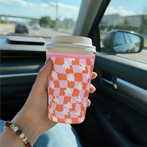 Image of Reusable Insulated Sleeve for Iced Coffee Cup, Coffee Neoprene Sleeve for Cold & Hot Drinks, Beverage Holder for Iced Coffee (Daisy Grid, Small: 16-18oz)