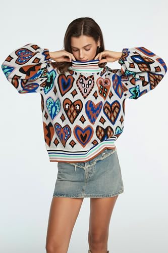 D-Sun Women Long Sleeve Printed Sweater Mock Neck Heart Printed Pullover Sweater Fashion Color Block Knit Ribbed Jumper Top3