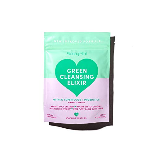 SkinnyMint Green Cleansing Elixir. Greens Powder with 22 Superfoods and Active Probiotics. Support Digestion and Gut Health. Help Boost Immunity.