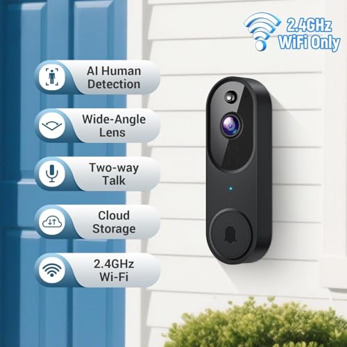 Image of Smart Video Doorbell Camera with AI Motion Detection, Night Vision, Cloud Storage, 2 Way Audio, Battery Powered, 2.4GHz Wi-Fi Only