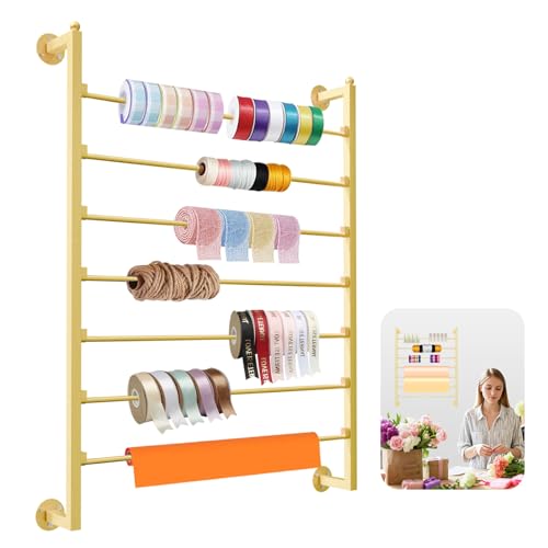 Image of 7 Tier Ribbon Storage Organizer, Wall Mounted Ribbon Organizer, Wrapping Paper Rack, Metal Ribbon Storage for Christmas Gift Craft Room Cake Shop Flower Store Scarf Belt-Gold
