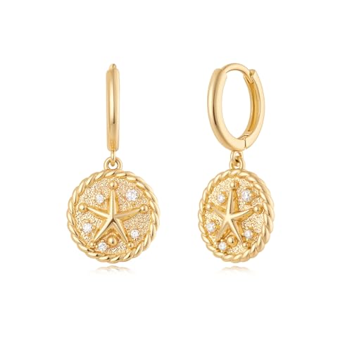 MYEARS Women Star Fish Earrings Gold Huggie Hoop Twisted Coin Dangle Drop Cubic Zirconia 14K Gold Plated Small Simple Hypoallergenic Everyday Summer Boho Beach Jewelry