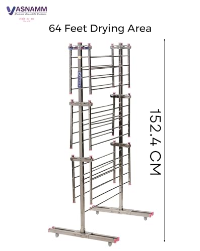 Image of Jumbo 24 Rods Cloth Drying Stand, 64 Feet Drying Area - Stainless Steel Foldable Compact Design - Easy Movement - Sturdy