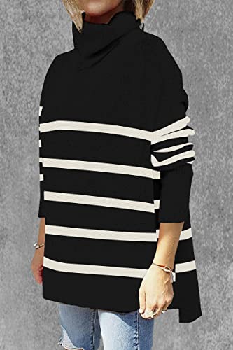 Image of Women's Turtleneck Oversized Sweaters Long Sleeve Split Hem Striped Knit Pullover Tops
