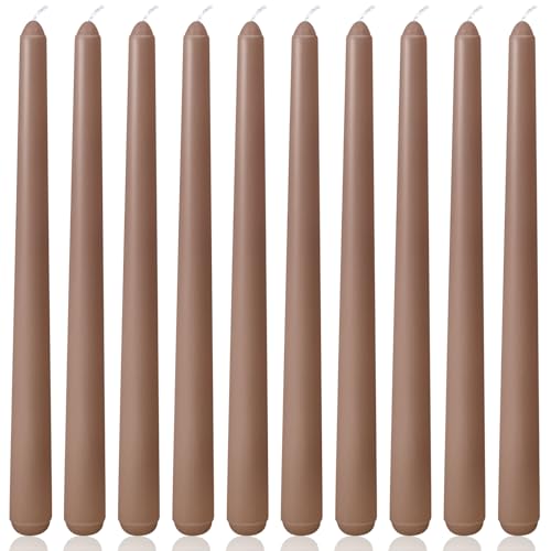 Velas cónicas de color marrón grisáceo de 10 pulgadas para decoración del hogar, paquete de 10 velas sin aroma para cena, boda, fiesta, sin humo y sin goteo