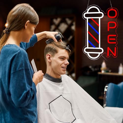Image of Barber Shop Neon Signs for Wall Decor Open Neon Lights for Bedroom Led Signs Suitable for Barber Shops Hair Salon Art Unique Gift for Hairdresser 10.2 * 16.1 Inch(Red + Blue + White)