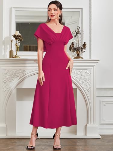 Image of Shasmi Women's & Girl's Solid A-Line Maxi Dress | V-Neck Pleated Bodice | Cap Batwing Sleeves | Fit & Flare Evening Gown (Dress 274)