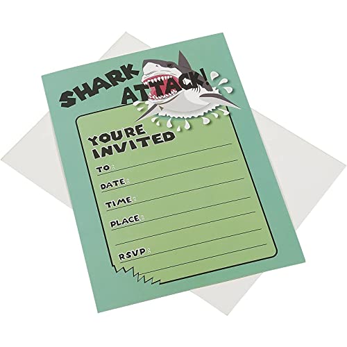Blue Panda Shark Attack Invitation Cards - 24 Fill-In Invites With Envelopes For Kids Birthday Bash And Theme Party, 5 X 7 Inches, Postcard Style #TOP4