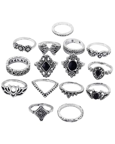 LEEQBCR Juego de anillos de 15 piezas para mujer, Vintage Nudillos Anillos Set, Anillos Apilables Bohemio Vintage,para Mujer Niña Plata