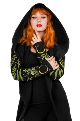 Restyle Herbal Gothic Damen Kapuzenpulli Okkulte Emo Dunkle Mode Schwarze Lange Jacke aus Baumwolle mit übergroßer Kapuze (as3, Alpha, m, Regular, Regular)