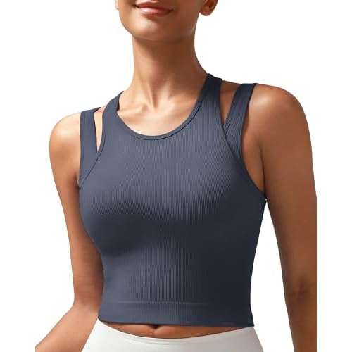 RUNNING GIRL Sports Bras for Women High Impact Seamless Ribbed Longline High Neck Workout Crop Tank Tops Padded B-dark Grey Large