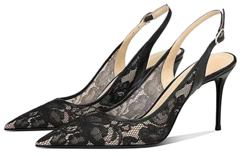 Mesh Lace Kitten Heels for Women, Comfortable Pointed Toe Slip on Slingback Pumps for Wedding Office or Date Night Dress Up