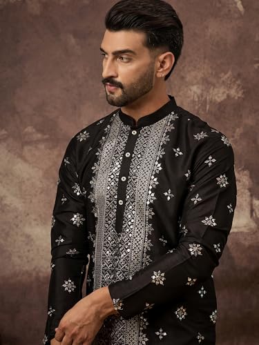 Image of Men's Solid Calf Length Silk Blend Embroidered Kurtas | Men | Kurtas for Mens | Straight Fit Kurta for Men's